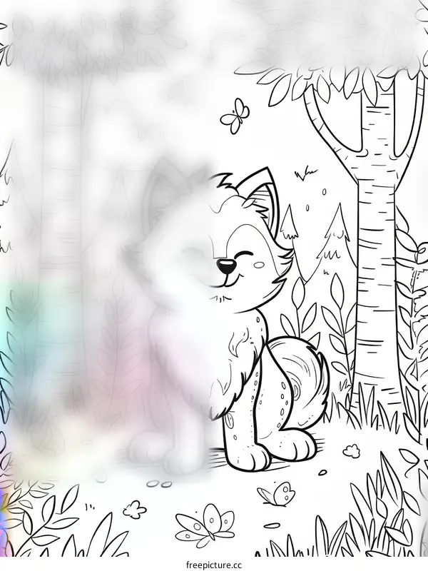 A cute cartoon wolf is sitting in the forest