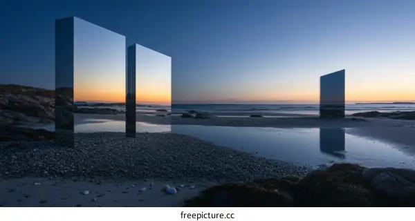 Coastal Art Installation Reflecting Sunset