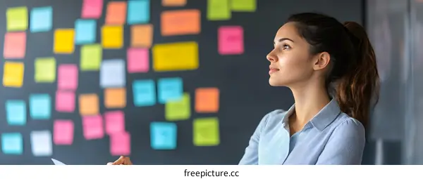 Young Woman Thinking While Looking at a Wall Covered with Sticky Notes