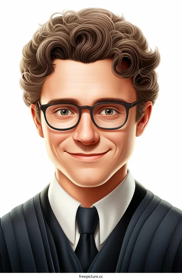 Portrait of a young lawyer with curly dark brown hair, wearing glasses, white shirt and black suit
