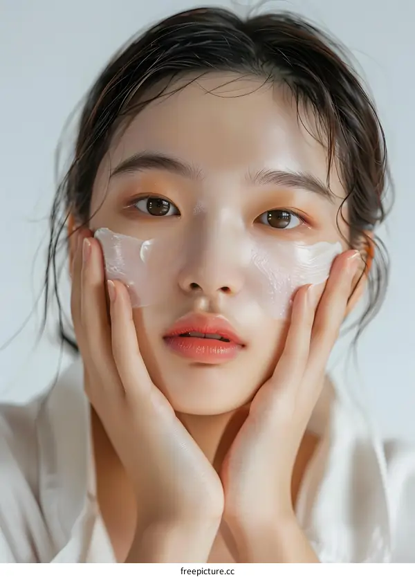 Beautiful Asian Woman Applying Face Cream