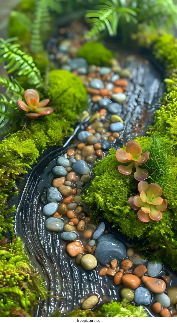 Small Stream in Miniature Garden with Rocks and Moss