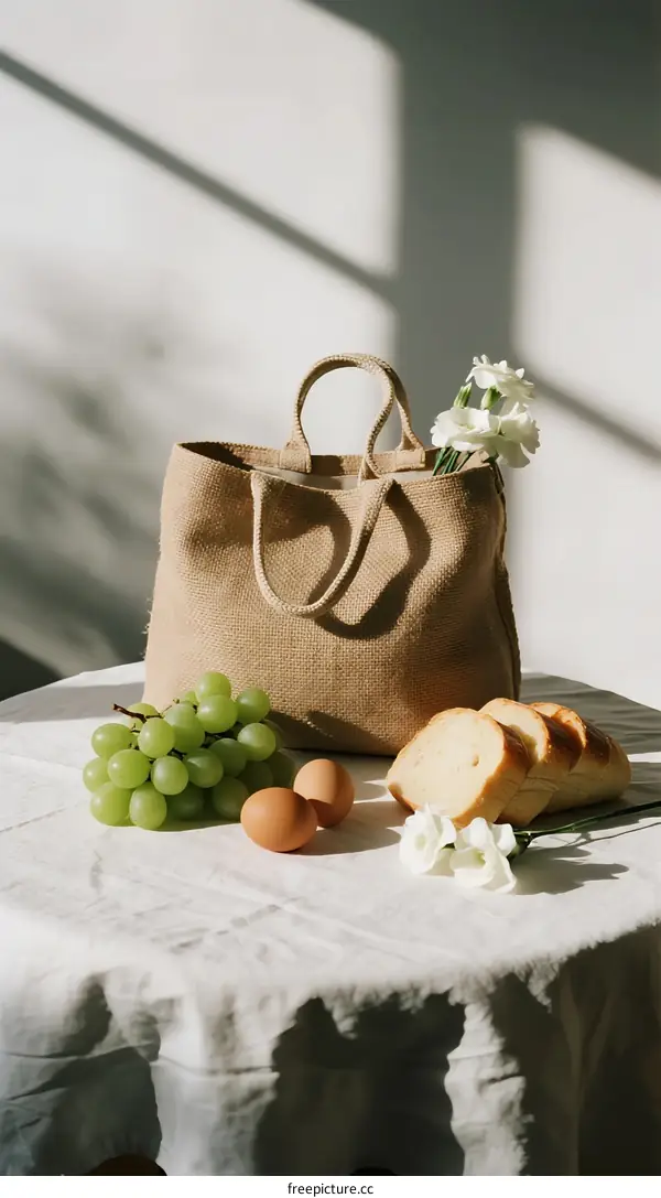 A jute tote bag with fresh grapes and bread on linen table