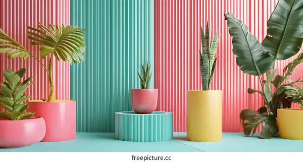 Tropical Plants with Pink and Green Striped Wall Background