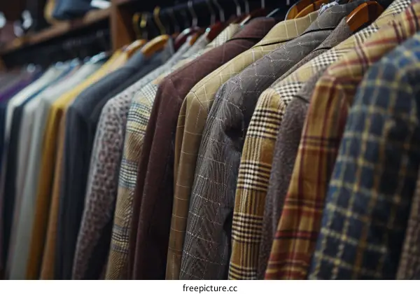 A variety of tweed jackets hang on a clothing rack in a store.