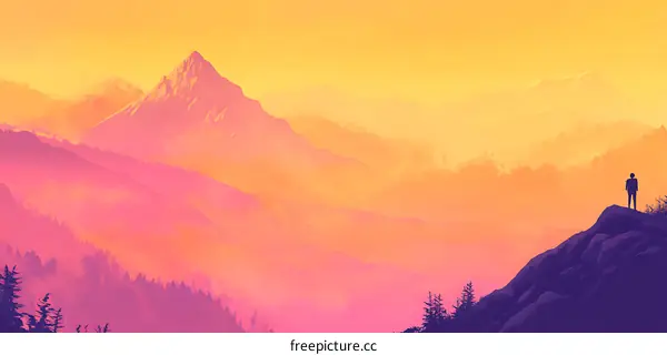 Silhouette of a Person Standing on a Mountain Top at Sunset