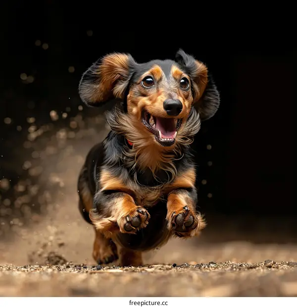 A happy dachshund running in the dirt