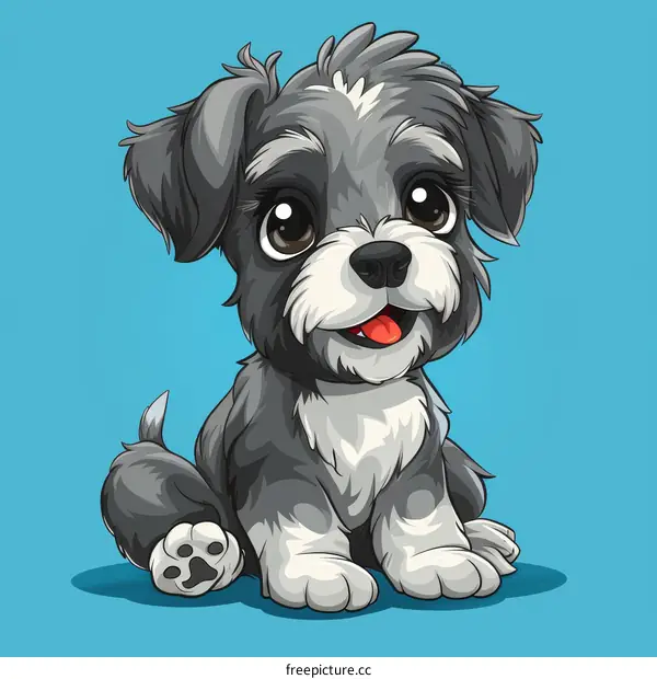 Cute Cartoon Grey Puppy Sitting on a Blue Background