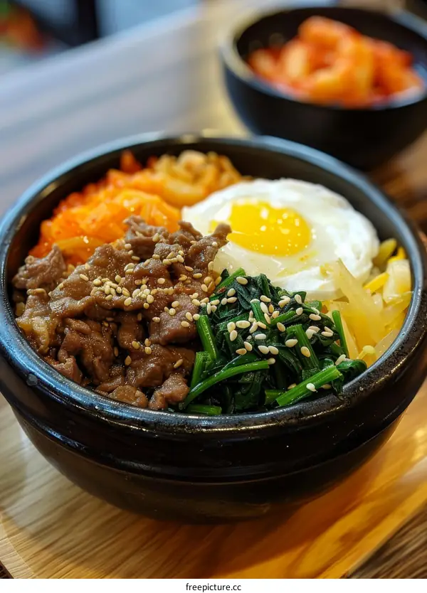 Korean food dolsot bibimbap with beef, egg and spinach