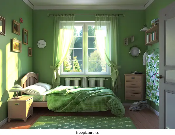 Green Bedroom With Sunbeams Shining Through Window