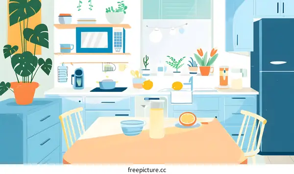 Kitchen Interior Design with Blue Cabinets and Orange Details