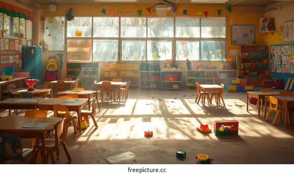 An Empty Classroom With Bright Sunlight Shining Through the Windows