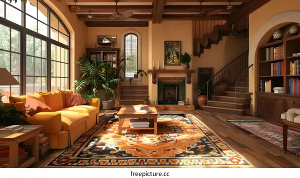 European style living room interior with bookshelves, fireplace and large windows