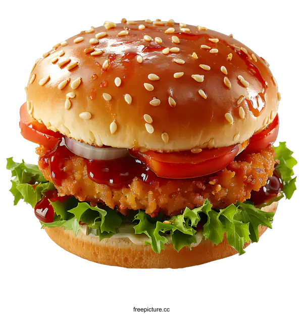 [Transparent Background PNG]A delicious crispy chicken burger with fresh vegetables