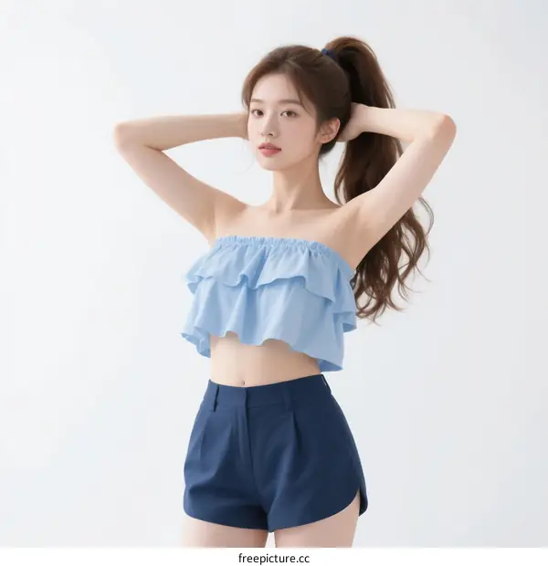 Light Blue Ruffled Off-the-Shoulder Crop Top with High-Waisted Navy Shorts