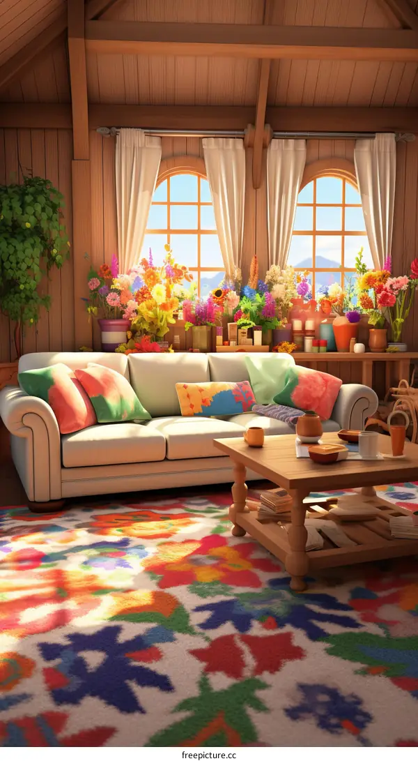 virtual interior design living room with large windows and colorful bohemian style