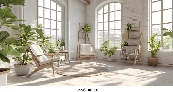 Minimalist Living Room Interior Design with White Brick Walls and Large Windows