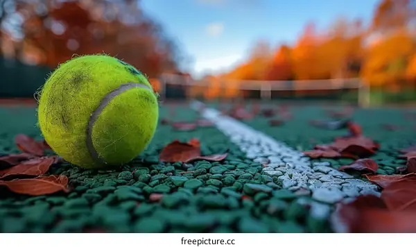 used tennis ball on the tennis court with autumn leaves