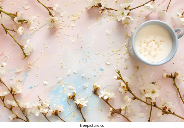 Spring Flowers and Milk with Seeds on Pink Background