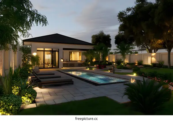 Modern Backyard With Swimming Pool And Patio