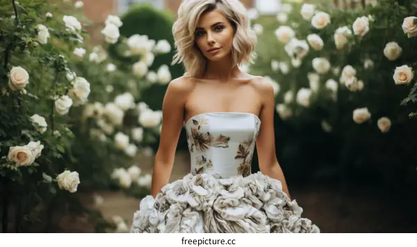 Elegant woman in a white floral dress standing in a garden