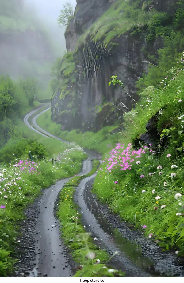 Winding Country Road Through Lush Green Mountains