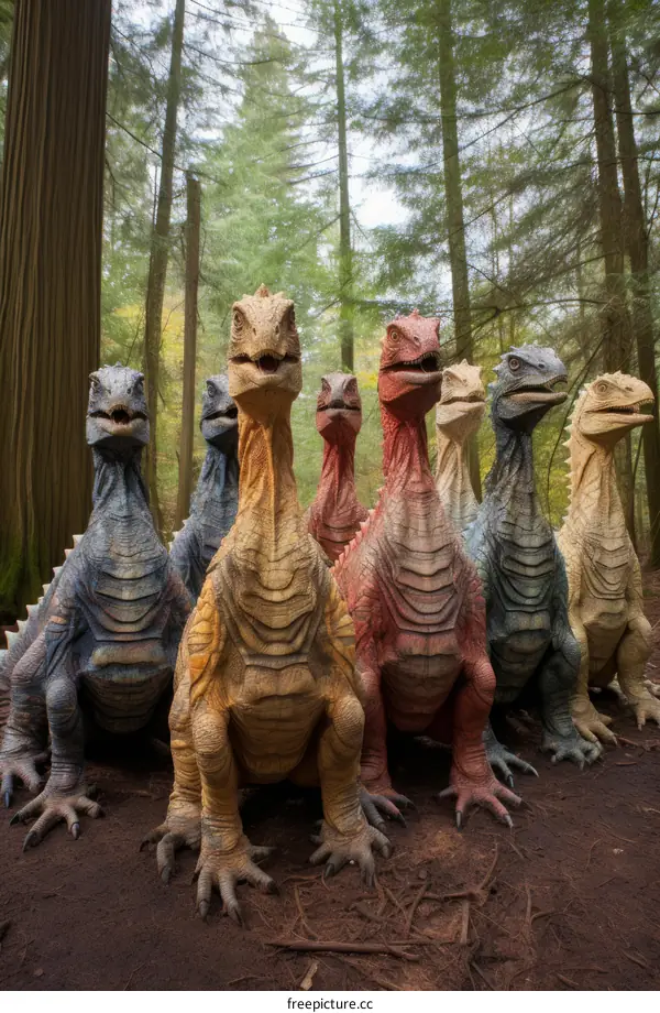 A group of dinosaurs standing in a forest