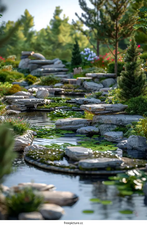 Beautiful Garden Landscape with Waterfall and Pavilion