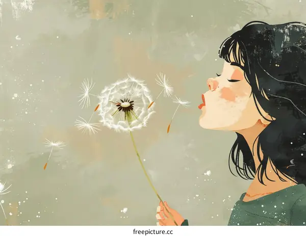 Girl Blowing Dandelion Seeds in the Breeze
