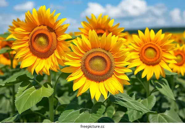 Yellow sunflowers in a field under a blue sky with white clouds
