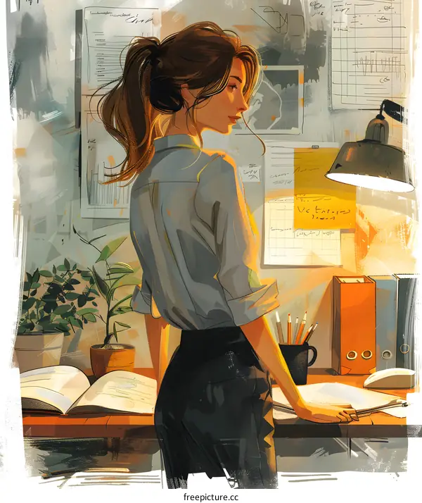 Illustration of a business woman working in an office