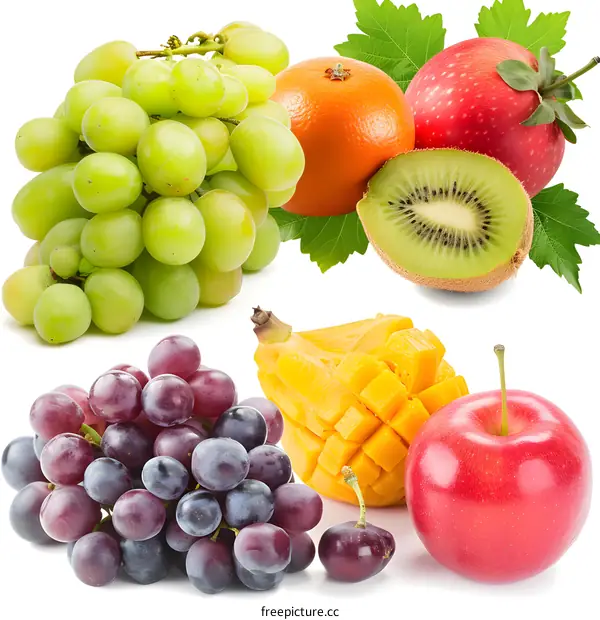 Fresh Fruit Collage with Grapes, Apple, Kiwi, Mango and Orange
