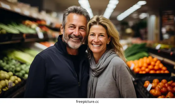 Happy couple shopping for groceries together