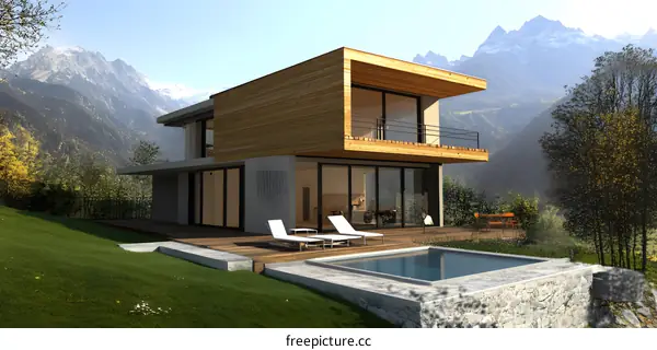 Modern Wooden House with Swimming Pool in Mountain Landscape