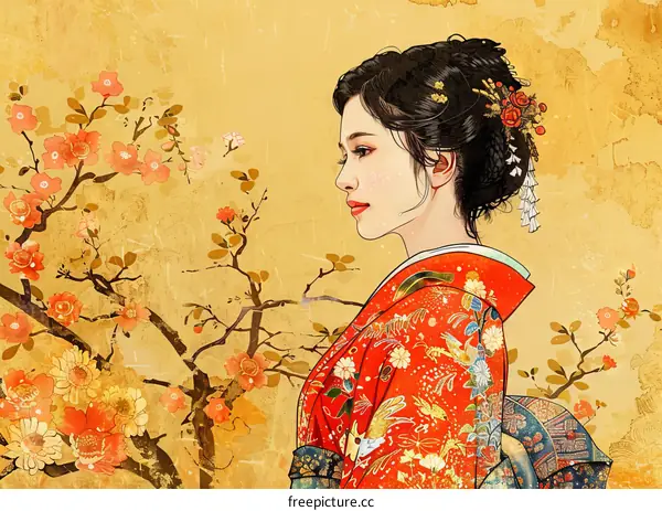 An illustration of a beautiful Japanese woman in a kimono with a floral pattern and a cherry blossom background.