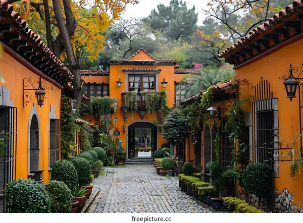 Cobblestone Pathway Through a Colorful Spanish Courtyard