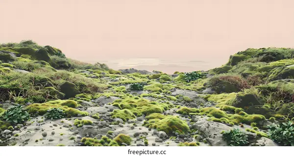 Green Moss Covered Rocks By The Sea With A Pink Sky