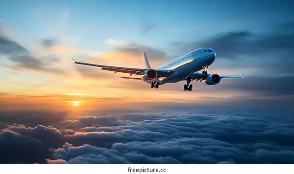 Stunning Airplane Above Clouds at Sunset