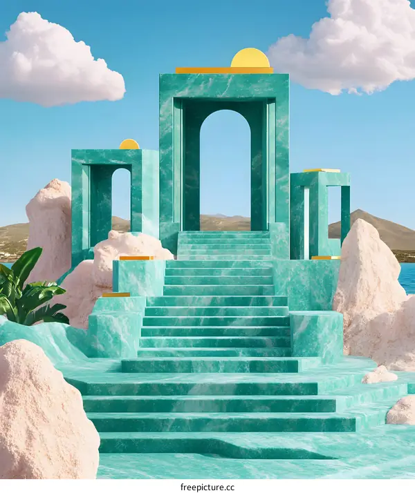 Abstract Architecture Stairway with Green Marble and Gold Accents