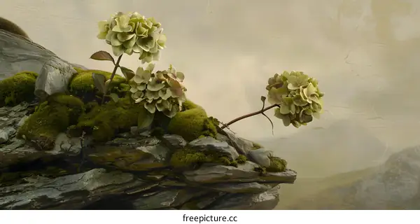 Green Hydrangeas Growing on a Rocky Cliff with Moss