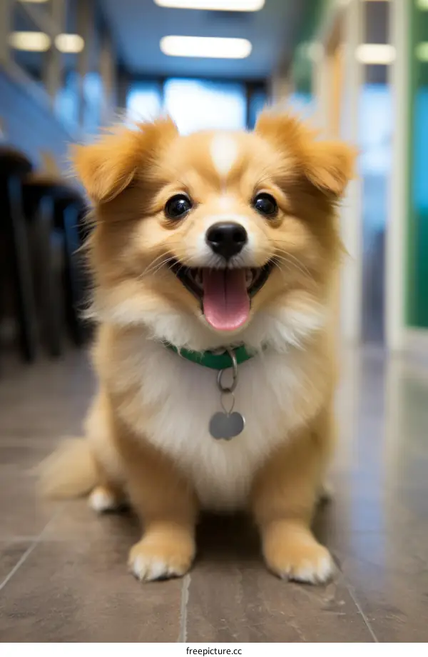 A fluffy brown and white dog is sitting on the floor and smiling cutely at the camera