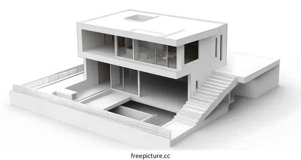 White 3D Rendered Modern House with Swimming Pool and Stairs