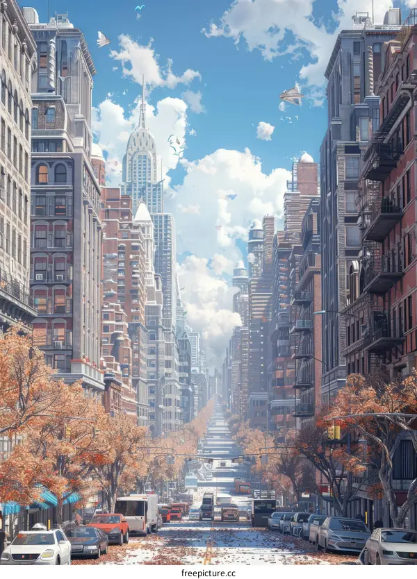 Winter Cityscape Illustration with Snow and Autumn Leaves