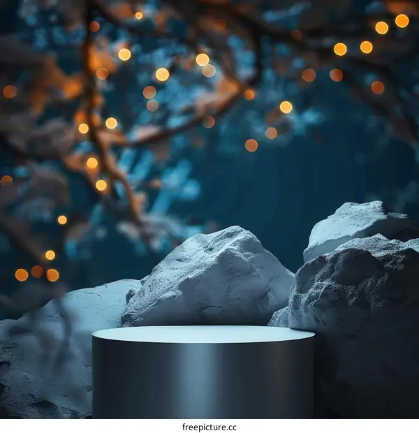 Gray stone podium with blurred Christmas lights in the background