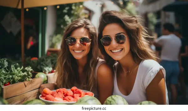 Two young women smiling and eating watermelon