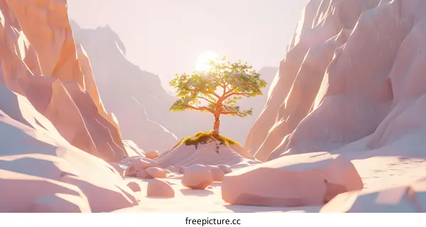 Low Poly Tree in Mountain Canyon