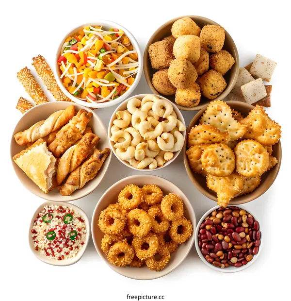 Assortment of Snacks in Bowls on White Background