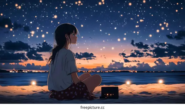 Anime Girl Watching Starry Night on the Beach