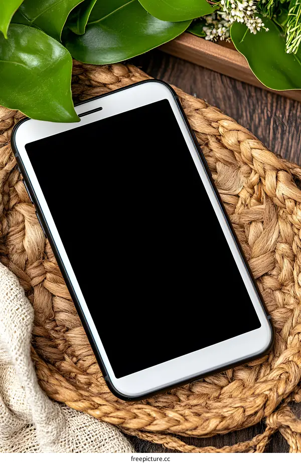 White Smartphone On Wicker Placemat With Green Leaves