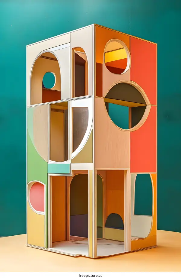 Modern Plywood Play Structure with Geometric Shapes and Vibrant Colors